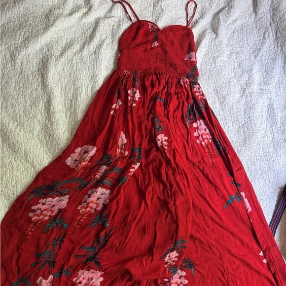 Free People Beau Red Floral Print Smocked Maxi Dress - Picture 4 of 8